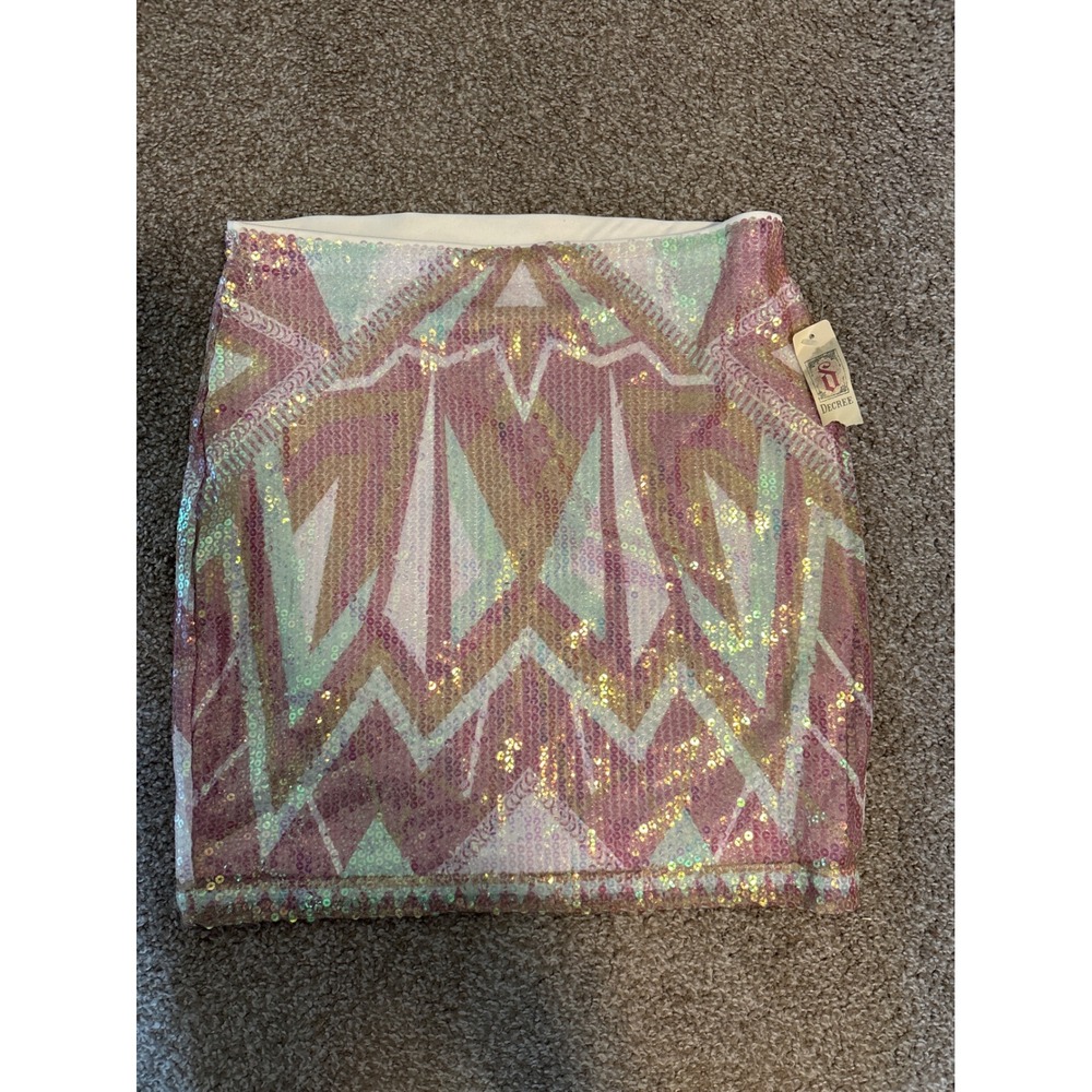 Decree Sequin Mini Skirt Womens Medium Pink Gold NWT Geometric Party Glam